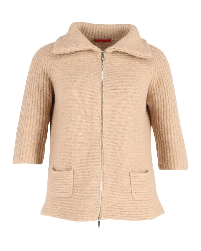 feminine cashmere sweaters for womenCarolina Herrera Zip Rib Knit Cardigan in Beige Wool