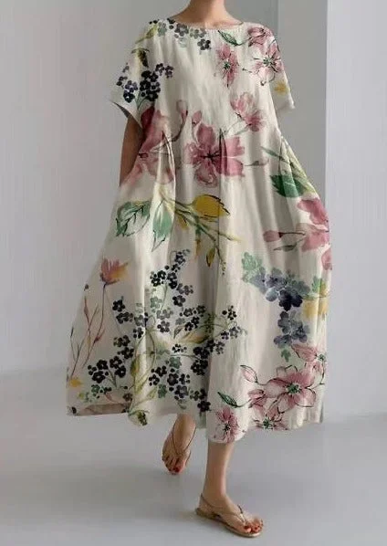 Spring floral dresses & jumpsuitsApricot Flower-2 Cotton Dresses Pockets Patchwork Summer