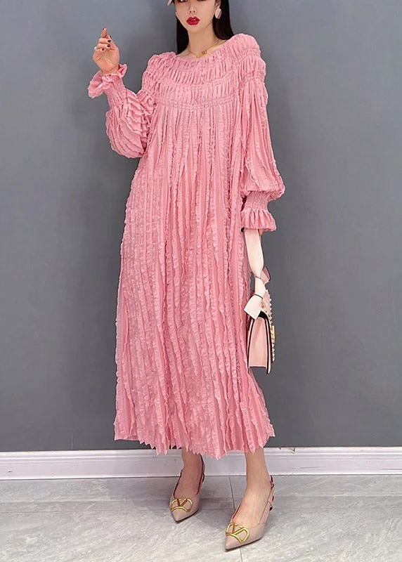 White dresses & jumpsuits for casual wearPink Sexy Long Dresses Slash neck wrinkled Long Sleeve