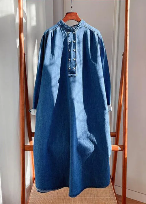 Boho-inspired dresses & jumpsuitsPlus Size Blue Button Pockets Denim Long Dresses Fall