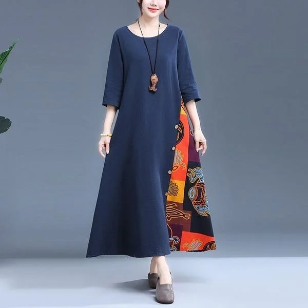 Elegant jumpsuits & dresses for cocktailsPlus Size Women Cotton LinenPrint Loose Female A-line Dresses