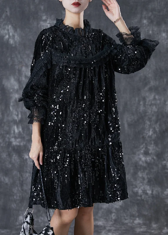 Bohemian dresses & jumpsuits for festivalsElegant Black Sequins Patchwork Velour Mid Dresses Spring