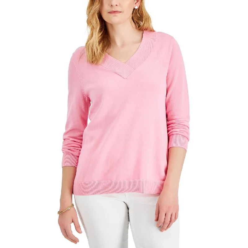 sweaters for women with texturesWomens Ribbed Trim Pullover V-Neck Sweater