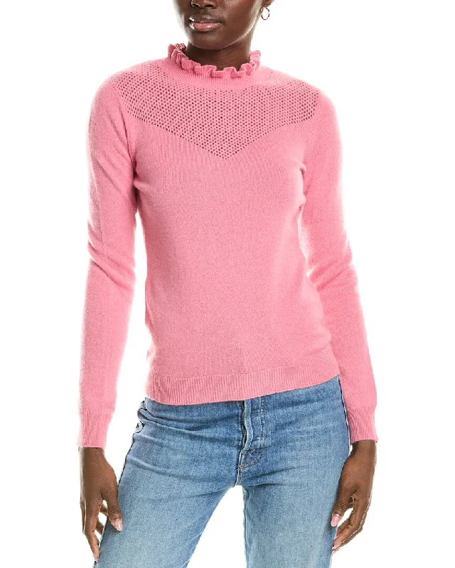 soft cotton sweaters for womensofiacashmere Ruffle Mock Neck Mesh Stitch Cashmere Sweater