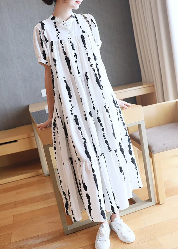 Color-block dresses & jumpsuitsPlus Size White O-Neck Striped Print Wrinkled Button Maxi Dresses Summer