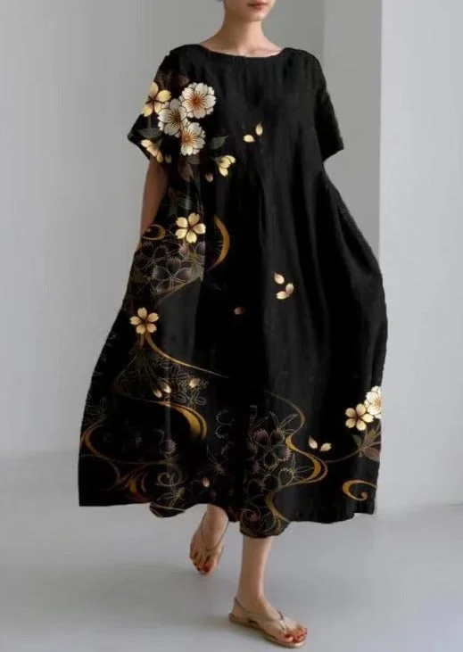 Slip dresses & jumpsuits for evening wearBlack Golden Flower Cotton Dresses Pockets Patchwork Summer