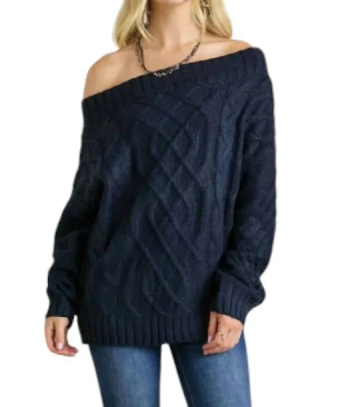 women's evening sweatersLizzie Cable Knit Bardot Sweater In Navy