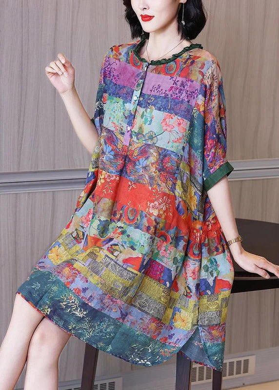 High-neck dresses & jumpsuitsFashion Ruffled Print Button Side Open Linen Vacation Dresses Half Sleeve