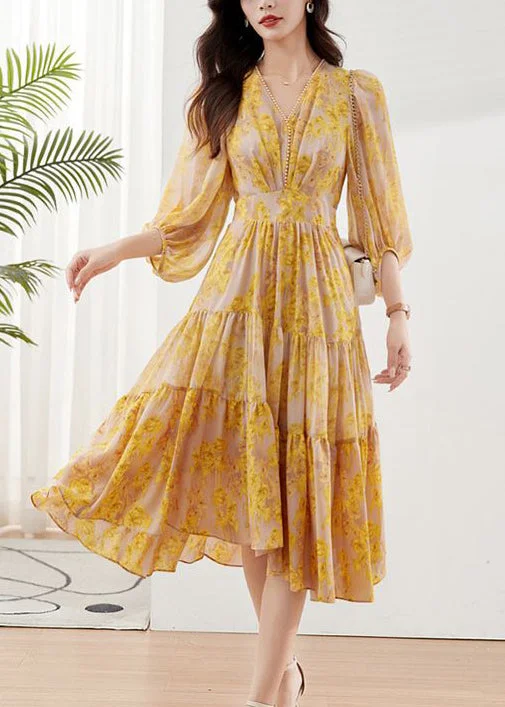 Knit dresses & jumpsuitsYellow Print Chiffon Maxi Dresses Exra Large Hem Bracelet Sleeve