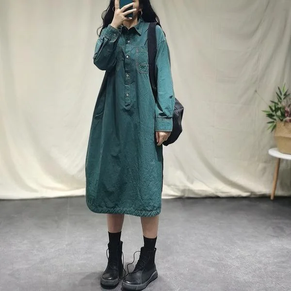 Button-up dresses & jumpsuitsWomen Autumn Loose Solid Color Turn Down Collar Dress