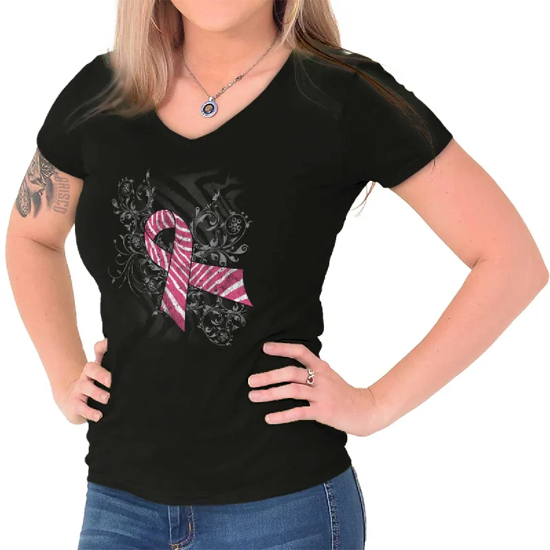 women’s T-shirts with cute sayingsPink And White Ribbon Junior Fit V-Neck T Shirt