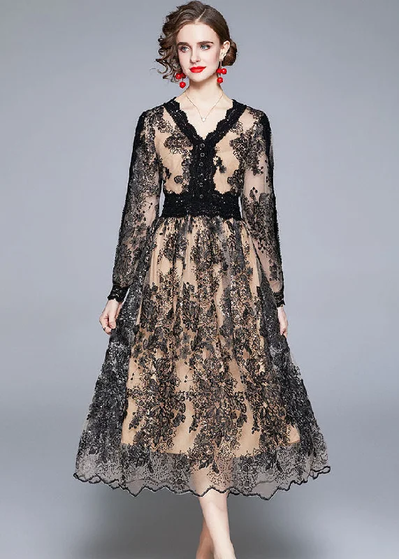 Luxury dresses & jumpsuitsWomen Black V Neck Embroidered Patchwork Tulle Dresses Long Sleeve