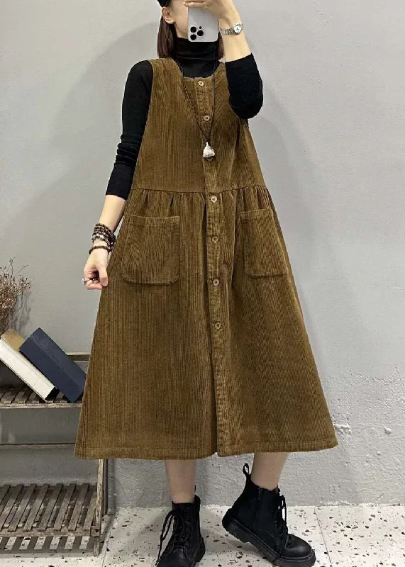 Colorful dresses & jumpsuits for partiesPlus Size Khaki O Neck Button Pockets Corduroy Long Dresses Sleeveless