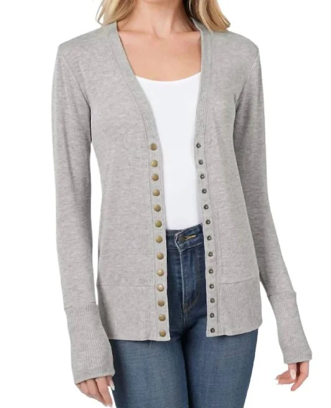 plain women's sweatersTorie Ribbed Detail Snap Button Cardigan In Grey