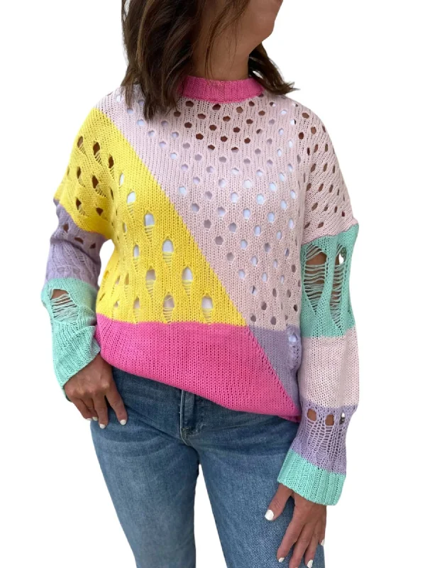 women's sweaters for layeringDistressed Detail Pullover Sweater In Pastel Color Block