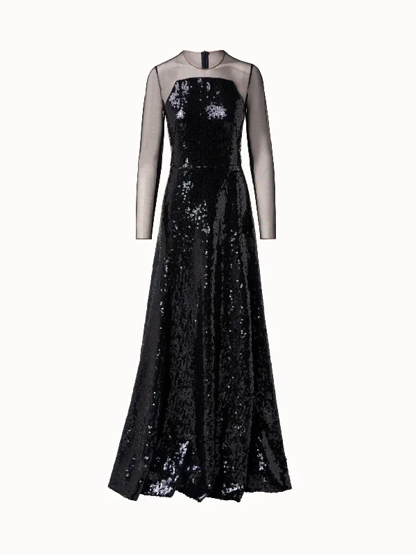 Petite size dresses & jumpsuitsLong Sequined Evening Gown with Long Sheer Sleeves