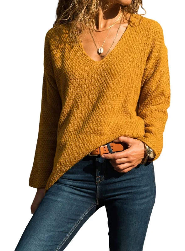 soft wool sweaters for womenV-Neck Brass Knitted Pocket Sweater In Mustard