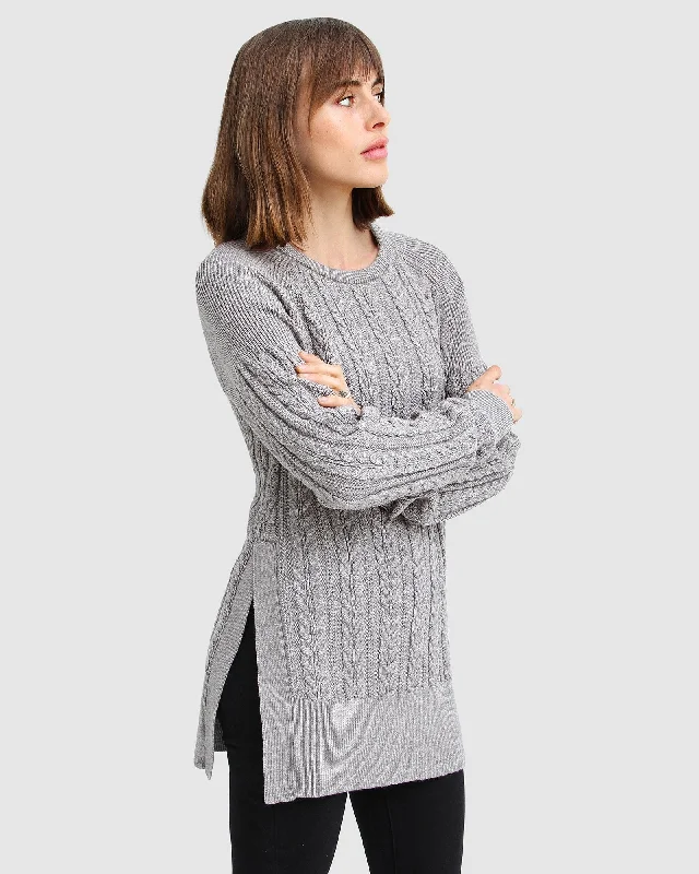 women's eco-friendly sweatersAt Last Cable Knit Jumper With Slit - Grey Marle