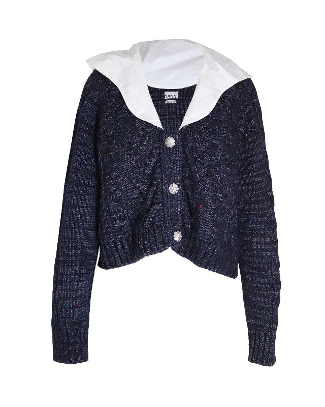 plus size knit sweaters for womenGanni Cropped Embellished Poplin-collar Cable-knit Cardigan in Navy Blue Wool