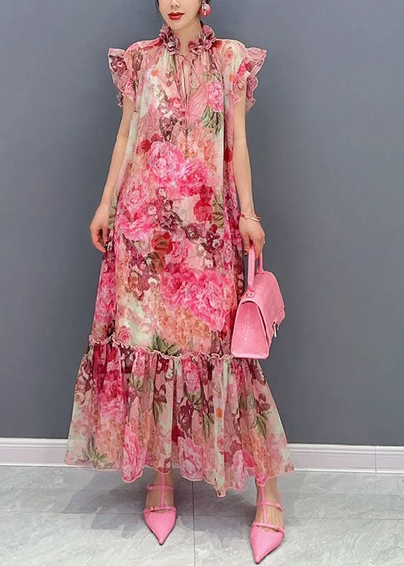 Long sleeve dresses & jumpsuitsArt Pink Ruffled Print Patchwork Chiffon Two Piece Set Dresses Summer