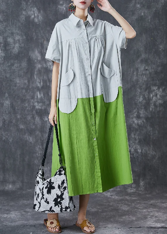 One-shoulder dresses & jumpsuitsArt White Green Oversized Patchwork Pockets Cotton Shirt Dresses Summer