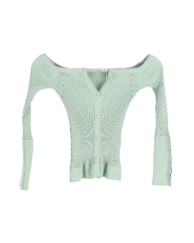 women's sweaters for workJacquemus Tordu Cold-Shoulder Ribbed-Knit Cardigan in Green Viscose