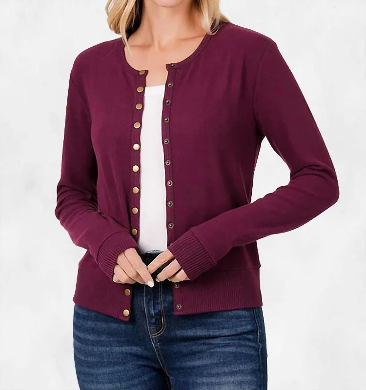 women's tunic sweatersBriana Crew Neck Snap Button Cardigan In Dark Burgundy