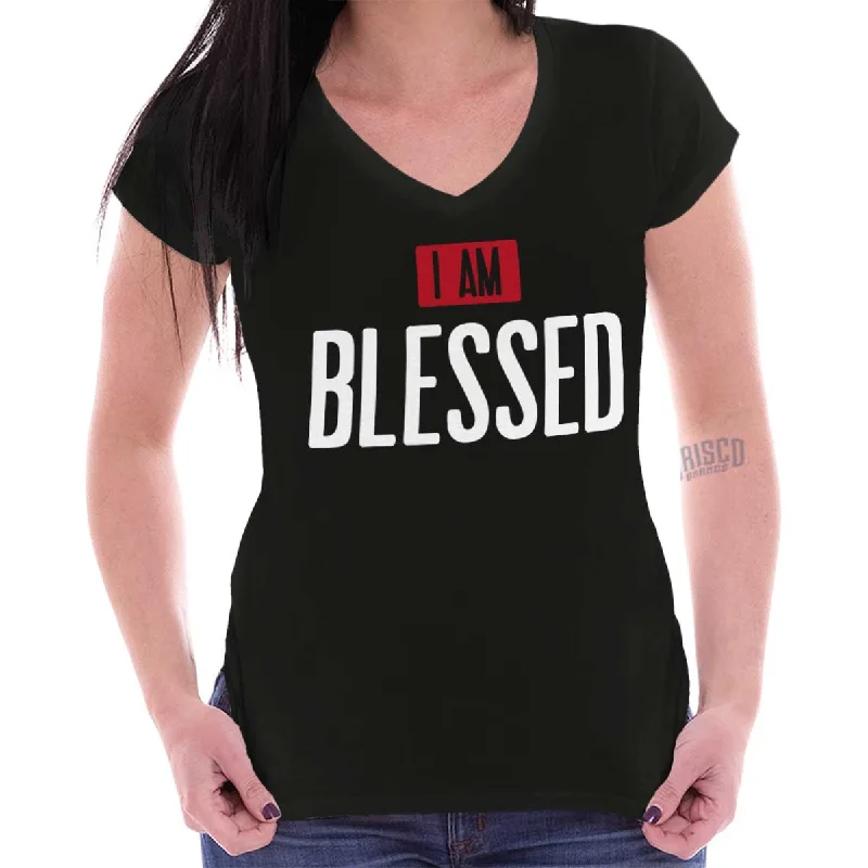 women’s casual T-shirtsI am Blessed Junior Fit V-Neck T-Shirt