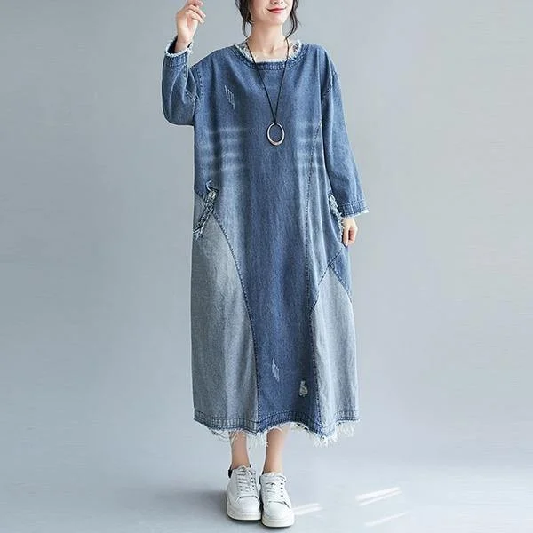 Long sleeve dresses & jumpsuitsOversized Women Casual Denim Long Dress Winter Vintage Style O-neck Loose Female Jean Dresses