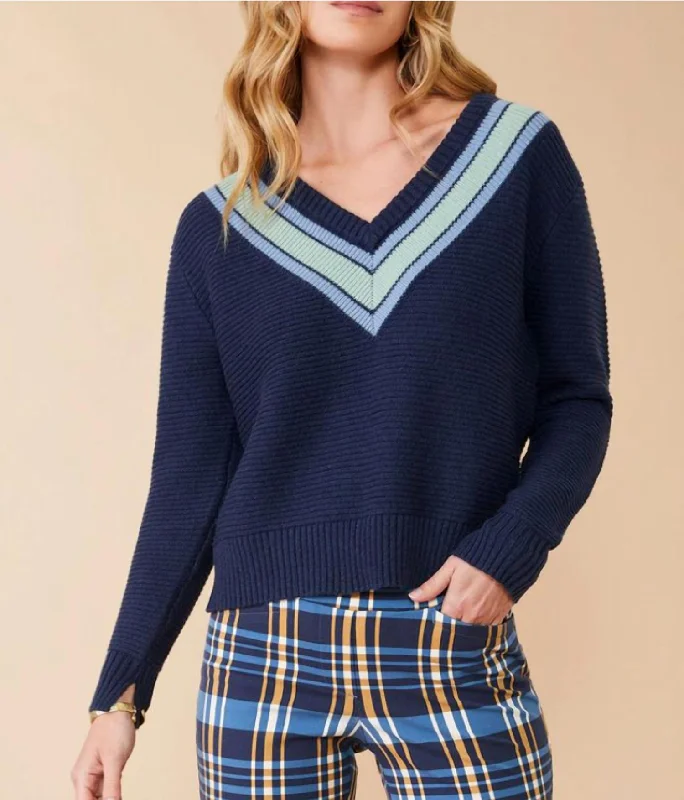 chunky knit sweaters for womenAster V-Neck Pullover Deep Indigo Stripe