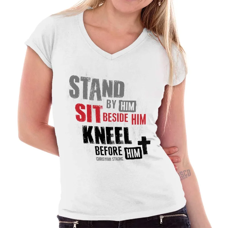 women’s T-shirts with slogansStand Sit Kneel Junior Fit V-Neck T-Shirt