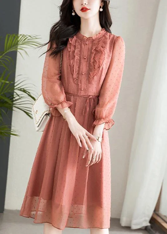 Elegant jumpsuits & dresses for cocktailsPink Button Patchwork Chiffon Dresses O Neck Half Sleeve