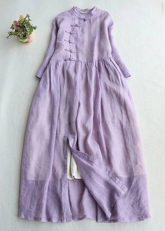 Petite size dresses & jumpsuitsNew Purple Button Side Open Cotton Long Dresses Bracelet Sleeve