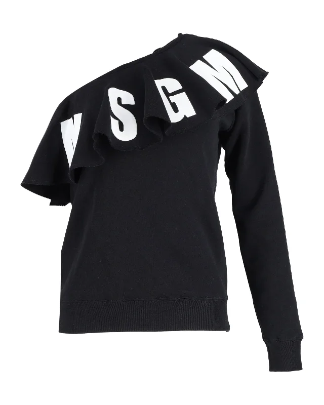 textured women's sweatersMSGM Logo Print One-Shoulder Ruffled Sweatshirt in Black Cotton