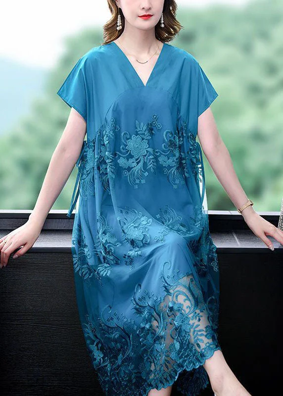 Casual work dresses & jumpsuitsFashion Blue V Neck Patchwork Tulle Silk Dresses Summer