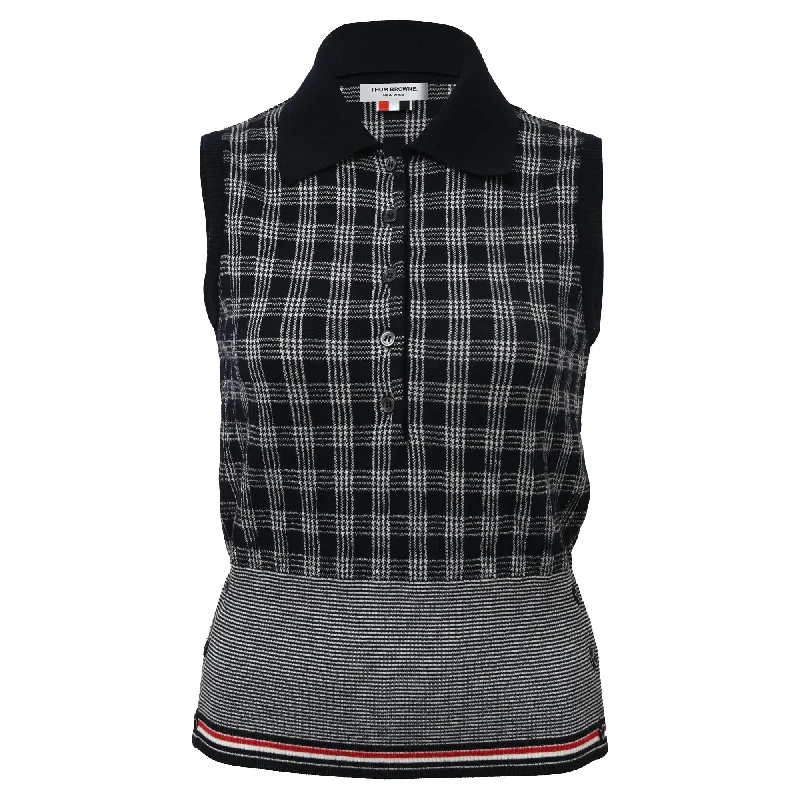 chunky knit sweaters for womenThom Browne Sleeveless Checkered Print Shirt in Black Merino Wool