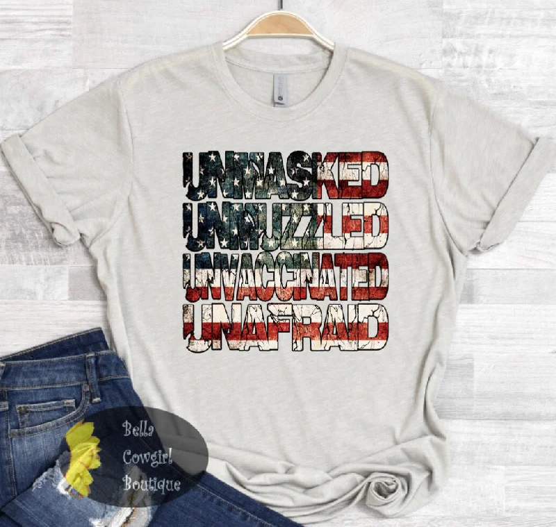 women’s T-shirts with cute sayingsUnvaccinated Unafraid American Flag Patriot T-Shirt