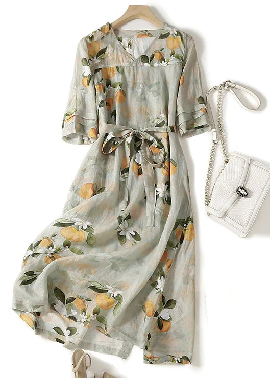 Modern dresses & jumpsuits for workElegant Light Green V Neck Print Lace Up Linen Long Dresses Summer