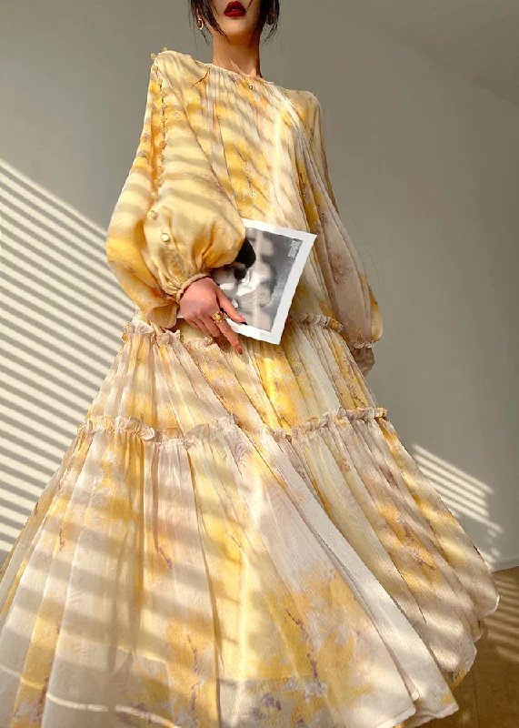 Wrap dresses & jumpsuitsVogue Yellow O-Neck Print Tie Waist Chiffon Maxi Dresses Long Sleeve