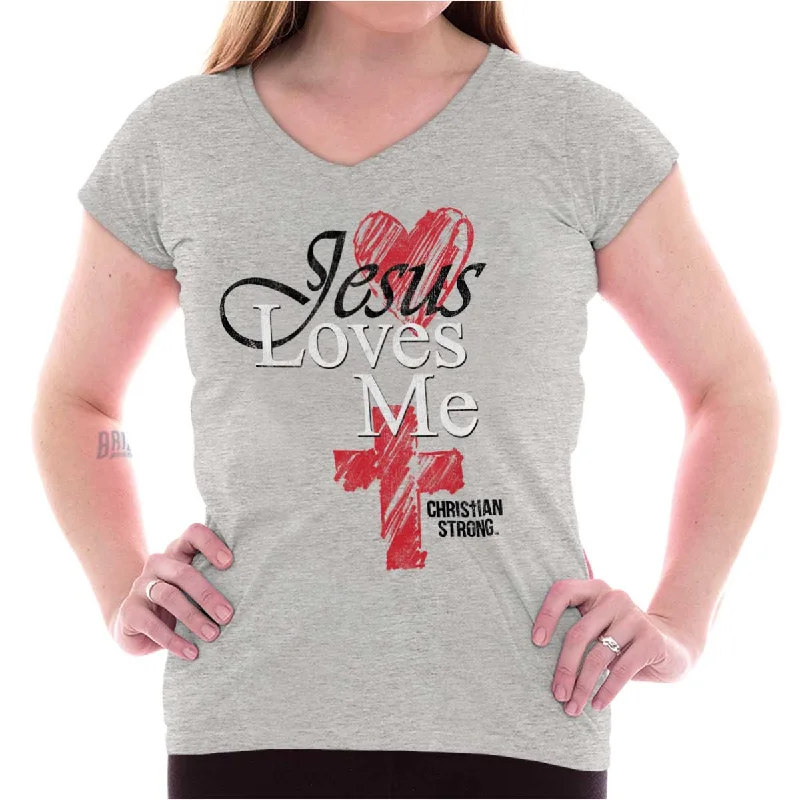 women’s T-shirts for vacationsJesus Loves Me Junior Fit V-Neck T-Shirt