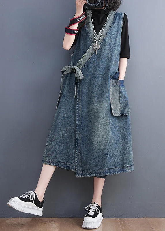 Adjustable strap dresses & jumpsuitsCasual Blue V Neck Asymmetrical Patchwork Tie Waist Denim Long Dresses Sleeveless