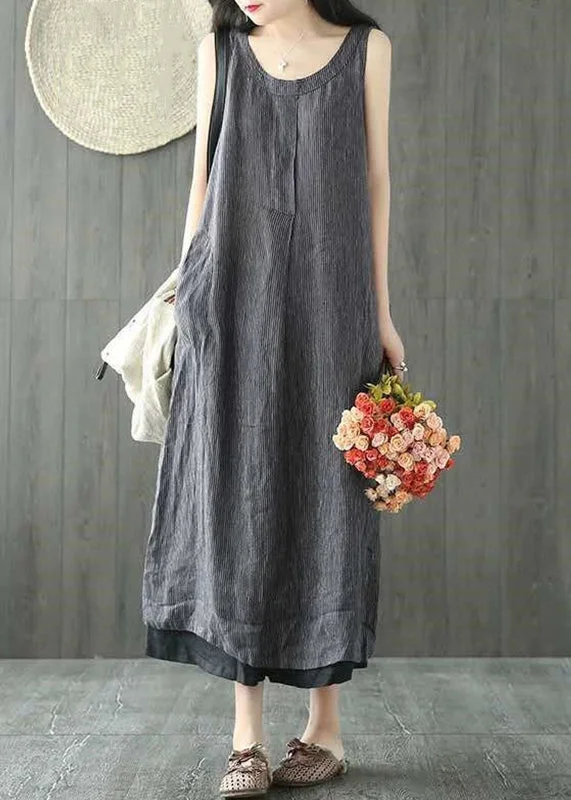 Trendy jumpsuits & dresses for fashionistasWomen Black O Neck Pockets Linen Long Dresses Sleeveless