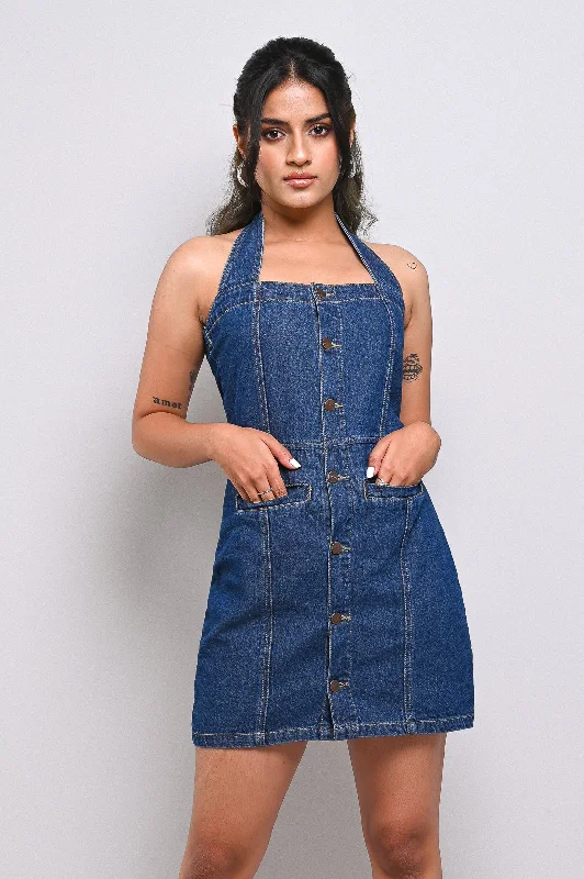 Polka dot dresses & jumpsuitsHalter Fitted Denim Dress