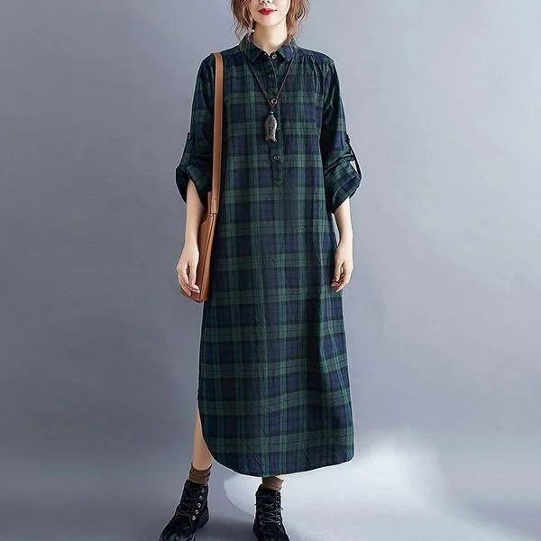 Cute dresses & jumpsuits for teensVintage Plaid Turn-down Collar Loose Female Cotton Linen Long Dresses