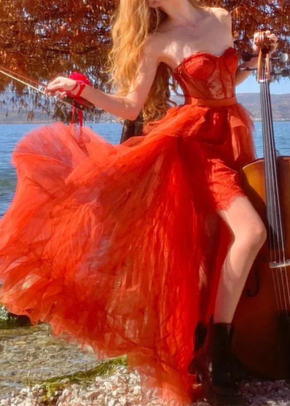 Bold print dresses & jumpsuitsChic Red Asymmetrical Design Cold Shoulder Tulle Maxi Dresses Sleeveless