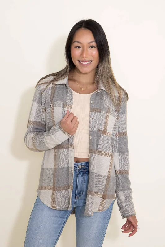 women's summer tank topsThread & Supply Lewis Soft Luxe Button Up Shirt for Women in Grey/Brown Plaid | T1084PVXTS-GRAY BROWN PLAID