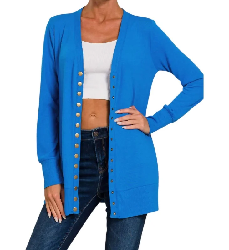 women's hooded knit sweatersFlora Snap Button Cardigan In Ocean Blue