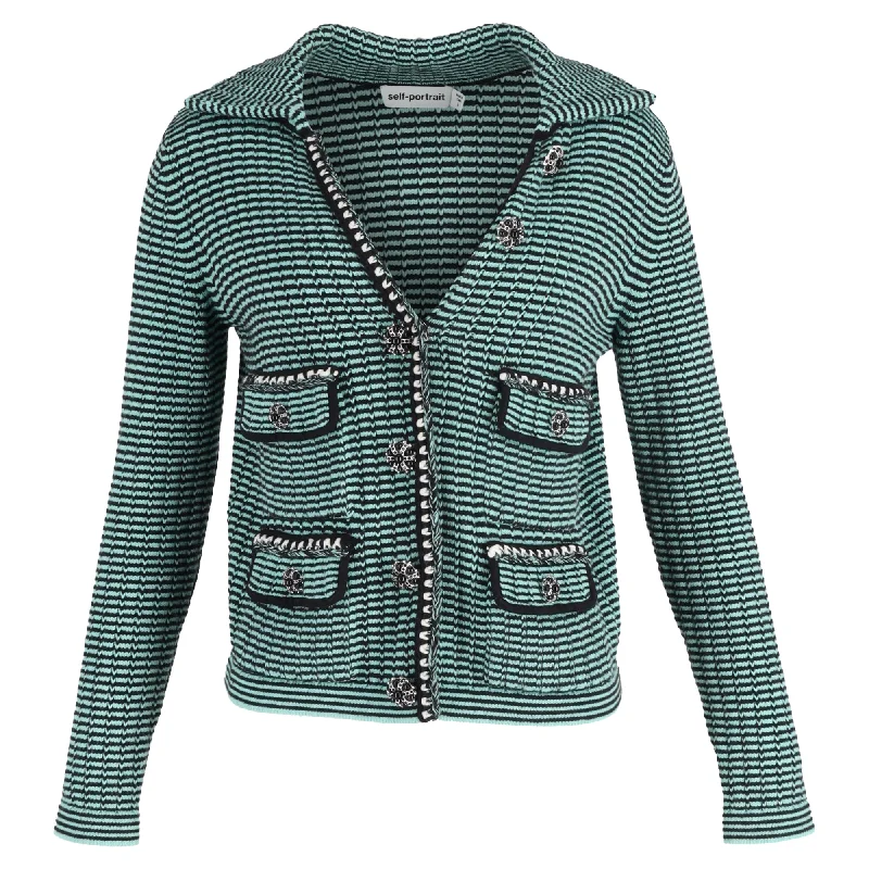 fluffy sweaters for womenSelf-Portrait Stripe Pocket Detail Collared Cardigan in Green Wool