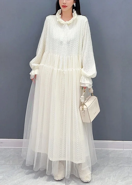 Jumpsuits & dresses with pocketsChic White Ruffled Tulle Lace Dresses Long Sleeve