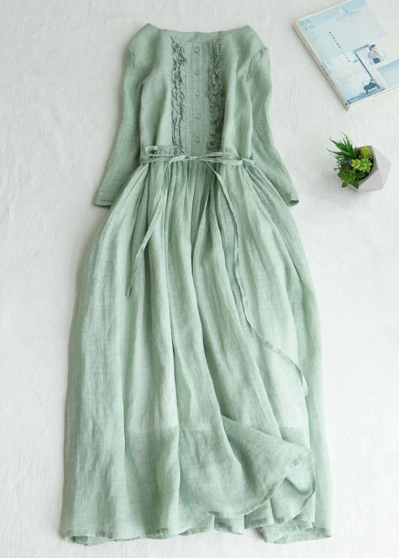 Comfortable jumpsuits & dresses for travelLight Green Patchwork Linen Dresses Ruffled Button Summer